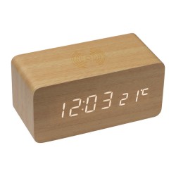 Ceas din lemn, cu încărcător wireless — Beige